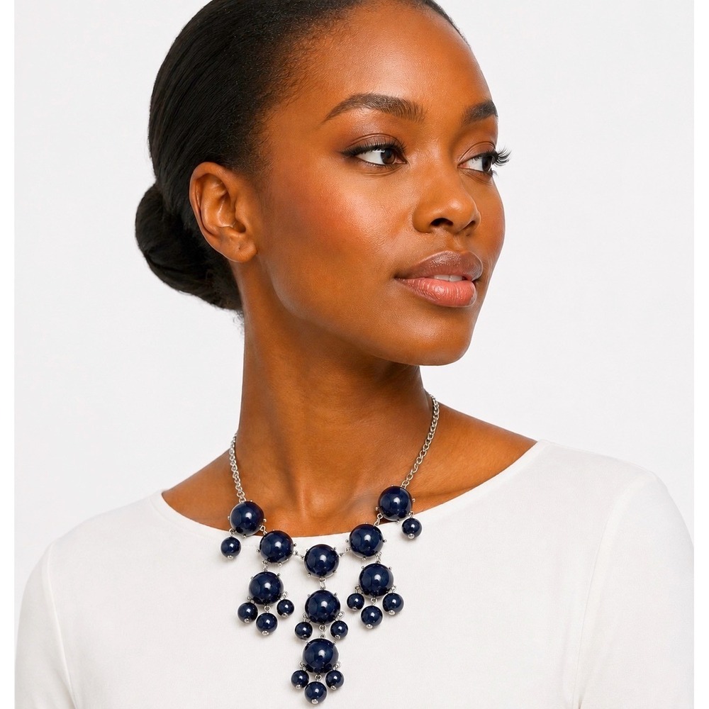 Navy Blue Bubble Bib Necklace Silver Tone Curb Chain Adjustable Orbs 103-220